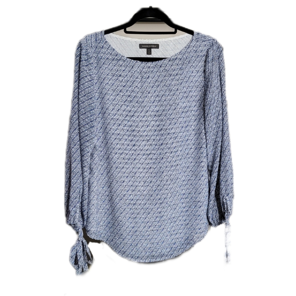 BANANA REPUBLIC Stripe Boatneck Blouse Top Size S Textured Blue Bow Tie Cuffs